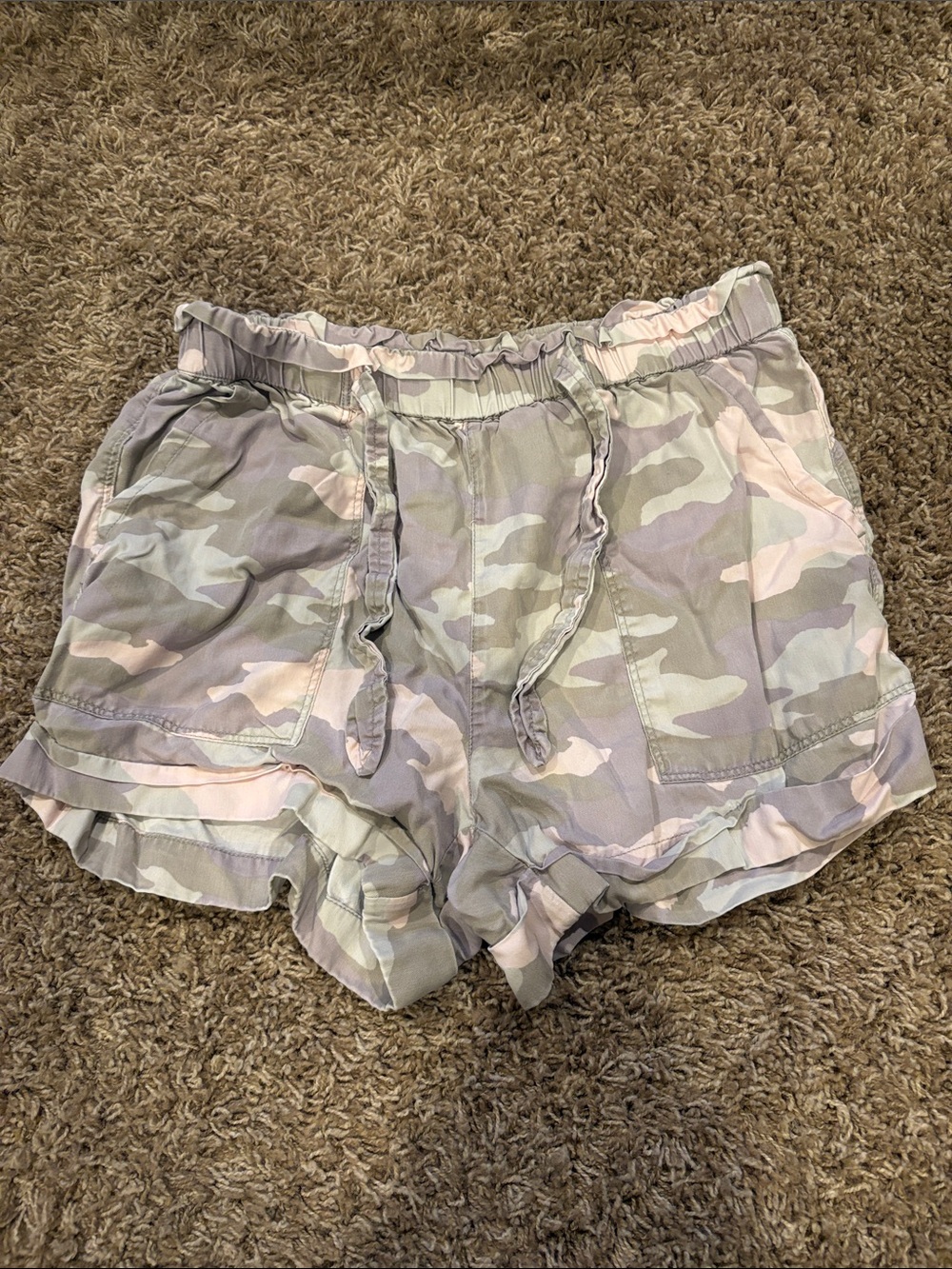 aerie Pastel Camo Drawstring Athletic Shorts in Light Green and Pink